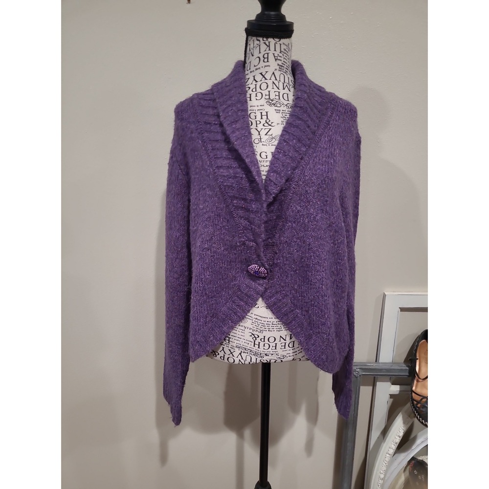 Vtg White Stag Purple fuzzy knit button front cardigan sweater Women SZ L boho